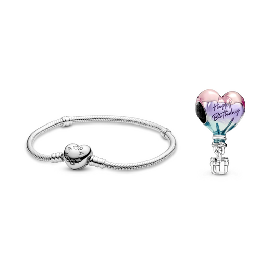 Brazalete Con Broche de Corazón + Charm Globo Feliz Cumpleaños