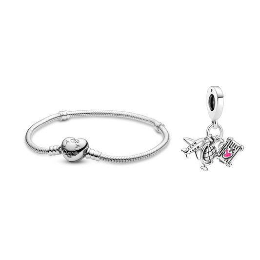 Brazalete Con Broche de Corazón + Charm Avión, Globo y Maleta